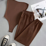 Prive Conjunto De Pantalon Largo Con Cintura Elastica Y Mono Sin Tirantes De Color Liso Para Mujer