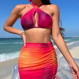 Swim Conjunto De Traje De Bano De Cuello Halter Y Color Degradado Para Mujeres, El Carnaval