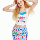 Neu Kidcore Dopamine Ruffle Ladrillo Con Estampado De Piedra Conjunto De Dos Piezas Con Falda Conjunto De Dos Piezas De Playa Conjuntos De Primavera Vacaciones De Verano - Camiseta Sin Mangas Y Falda De Verano