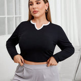 Essnce Plus Size Colorblock Short Sleeve T-Shirt With Notched Neckline And Embellished Trim