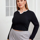 Essnce Plus Size Colorblock Short Sleeve T-Shirt With Notched Neckline And Embellished Trim