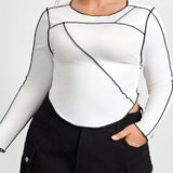 Essnce Plus Size Contrast Stitching Long Sleeve T-Shirt