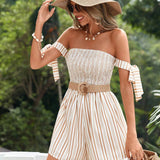 VCAY Off Shoulder Striped Panel Vacation Romper, No Belt Included
