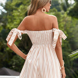 VCAY Off Shoulder Striped Panel Vacation Romper, No Belt Included