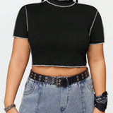 Coolane Plus Size Color Block Stand Collar Cropped T-Shirt With Visible Seams