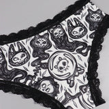 4 Piezas Bragas Goticas Con Contraste De Encaje, Impresion De Calaveras, Hongos Y Cabras Para Las Intimas De Halloween, Lenceria Y Ropa Interior Para Mujeres