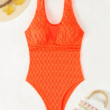 Swim Vcay Traje de bano de una pieza con cuello en V para mujeres en color naranja para la playa en verano