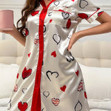 Vestido De Dormir De Manga Corta De Seda Sintetica Con Estampado De Corazon Y Cuello Abotonado Para Mujer