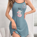 Vestido De Dormir Cami Con Impresion De Elefante, Corazon Y Letra