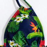 Conjunto De Bikini Con Estampado De Plantas Tropicales Para Mujeres Con Cuello Halter Y Cordon En El Cuello