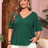 VCAY Plus Size Solid Color V-Neck Casual T-Shirt