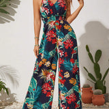 VCAY Vacation Style Women's Halter Neck Tropical Plant Printed Jumpsuit