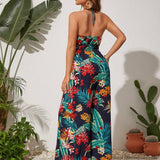 VCAY Vacation Style Women's Halter Neck Tropical Plant Printed Jumpsuit