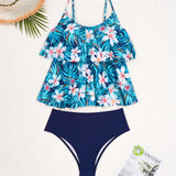 Swim Conjunto De Traje De Bano Tankini Para Mujer Con Diseno Tropical Impreso Y Dobladillo Con Volantes En La Top Y Bottom Lisa, Ideal Para Verano, Playa, Viajes, Vacaciones Y Piscina