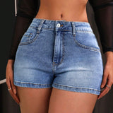 ICON Shorts De Mezclilla Ajustados Para Mujer Con Bolsillos Diagonales