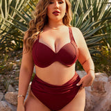 Swim Vcay Conjunto De Bikini Con Talle Alto Acanalado Y Fruncido Para Mujeres De Talla Grande, Ano Nuevo