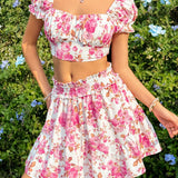 WYWH Conjunto De Top De Manga Corta Con Escote Corazon Y Estampado De Flores De Vacaciones Para Mujer Con Falda De Corte A