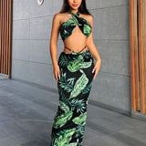 SXY Conjunto De Vacaciones Bohemio De Verano Con Estampado De Plantas Tropicales Verdes, Chaleco De Cuello Halter Y Falda Larga - Conjunto De Dos Piezas