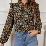 Frenchy Blusa De Chiffon De Estampado De Hojas De Manga Larga Para Mujer Con Cuello Con Volantes Y Un Cuello Atado, Una Elegante Blusa De Chiffon Para El Trabajo