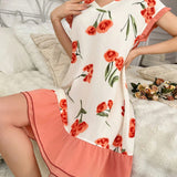 Vestido De Dormir Con Bloques De Color Y Estampado Floral Para Mujer Con Dobladillo Con Volantes