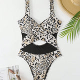 Swim Traje De Bano De Una Pieza Con Estampado De Leopardo Y Cintura Expuesta Para Mujer