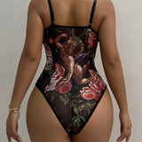 SXY Bodysuit De Tirantes Espagueti Con Malla Transparente De Flores