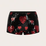 ICON Shorts De Mini Lentejuelas Con Cintura Ultra Baja En Forma De Corazon Rojo Para Mujeres