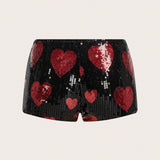 ICON Shorts De Mini Lentejuelas Con Cintura Ultra Baja En Forma De Corazon Rojo Para Mujeres