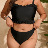 Swim Curve Traje De Bano De Talla Grande Con Dobladillo De Volantes Y Color Solido Para Mujeres