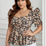 Clasi Camisa Floral De a Grande Con Manga Abullonada, Cuello En Forma De Corazon