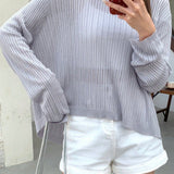 DAZY Sweater De Punto Suelto De Color Solido Con Mangas Largas, Cuello Redondo, Diseno De Espalda Abierta Y Correas Para Atar