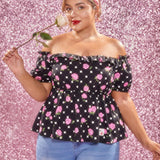 Marilyn Monroe   Top Peplum Con Hombros Descubiertos, Con Flores Y Puntos En a Grande