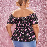 Marilyn Monroe   Top Peplum Con Hombros Descubiertos, Con Flores Y Puntos En a Grande