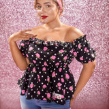 Marilyn Monroe   Top Peplum Con Hombros Descubiertos, Con Flores Y Puntos En a Grande