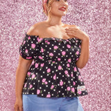 Marilyn Monroe   Top Peplum Con Hombros Descubiertos, Con Flores Y Puntos En a Grande