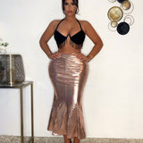 SXY Falda de sirena plisada metalica de oro rosa para mujer
