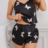 Vestido De Dormir Tipo Camisola Con Estampado De Mariposas De Satin Para Mujer