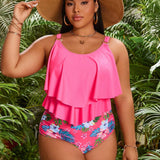 Swim Lushore Conjunto De Bikini De Triangulo Con Estampado Tropical Y Top Tipo Camiseta En Talla Grande Y Color Solido