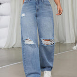 EZwear Jeans De Novio Para Mujer De Ajuste Holgado Y Rasgados, Color Azul
