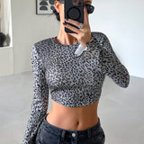 DAZY Camiseta Corta De Manga Larga Con Estampado De Leopardo Y Cuello Redondo Elastico Con Tenido Anudado Para Mujer