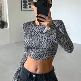 DAZY Camiseta Corta De Manga Larga Con Estampado De Leopardo Y Cuello Redondo Elastico Con Tenido Anudado Para Mujer