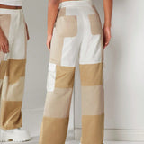 Haute Pantalones De Bolsillo De Solapa Con Panel De Bloques De Color