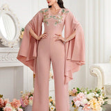 Najma Women's Jumpsuit With Cape Sleeve And Embroidery Decor