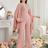 Najma Women's Jumpsuit With Cape Sleeve And Embroidery Decor