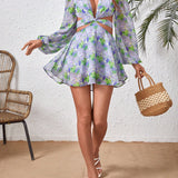 VCAY Woven Floral Print Tie-Front Cut Out Back Romper