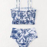 Swim Bikini De Tirantes Estilo Camiseta Para Mujer Con Estampado De Plantas Tropicales