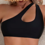 Swim Top De Bikini De Un Solo Hombro Y Abertura Para Mujer, Para Verano, Playa, Natacion Y Vacaciones