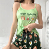 Conjunto De Pijama Cami Y Shorts Con Estampado De Aguacate, Pan Y Huevos En Estilo De Dibujos Animados