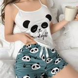 Conjunto De Pijama Para Mujer Con Top Estilo CamiConjuntoa Y Pantalon Corto Con Estampado De Letra Y Panda