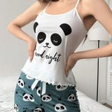 Conjunto De Pijama Para Mujer Con Top Estilo CamiConjuntoa Y Pantalon Corto Con Estampado De Letra Y Panda